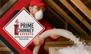 Prime Chimney Experts technician applying blown-in loose-fill insulation in the Dallas–Fort Worth area.