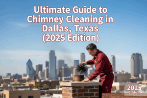Man doing chimney cleaning at a rooftop in Dallas, Texas with a caption of "Ultimate Guide to Chimney Cleaning in Dallas, Texas"